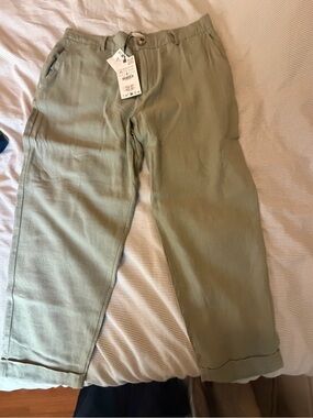 Zara Olive Green High-Waist Linen-Blend Trousers